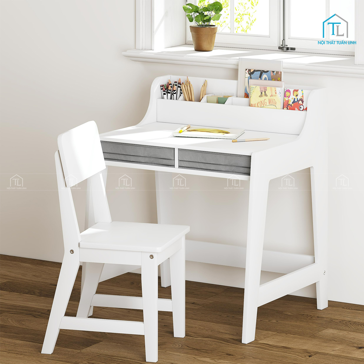 Bàn học sinh gỗ công nghiệp màu trắng hiện đại, tiện lợi cho bé học tập