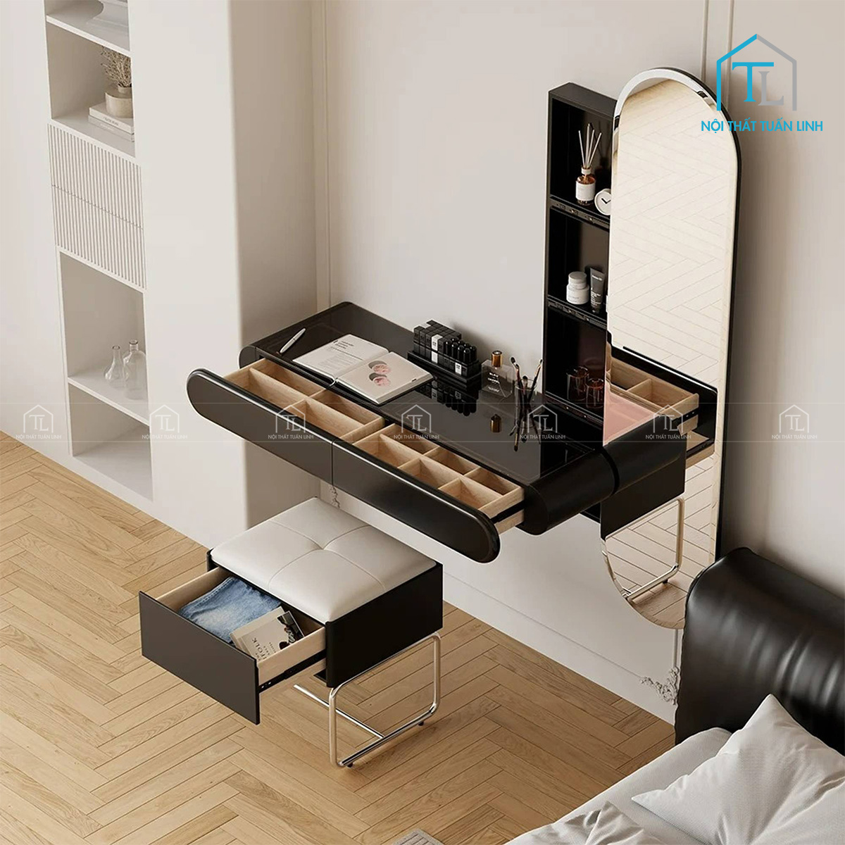 Bàn trang điểm gỗ công nghiệp màu đen kèm gương đứng và ghế ngồi