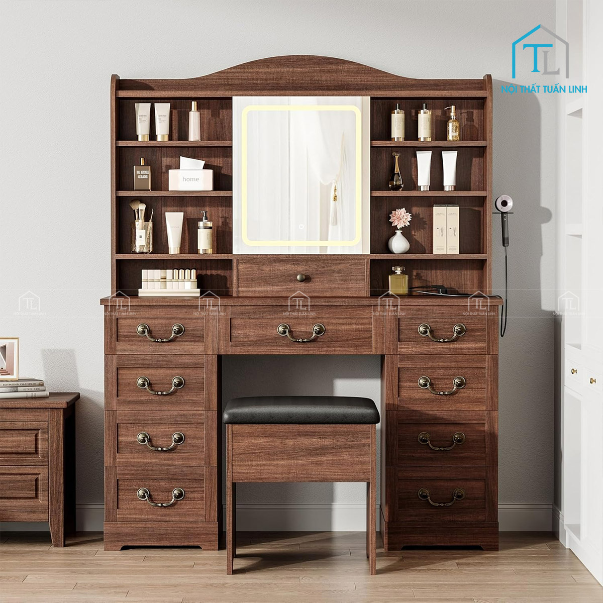 Bàn trang điểm gỗ MDF nhiều ngăn kèm gương LED và ổ cắm điện tiện ích