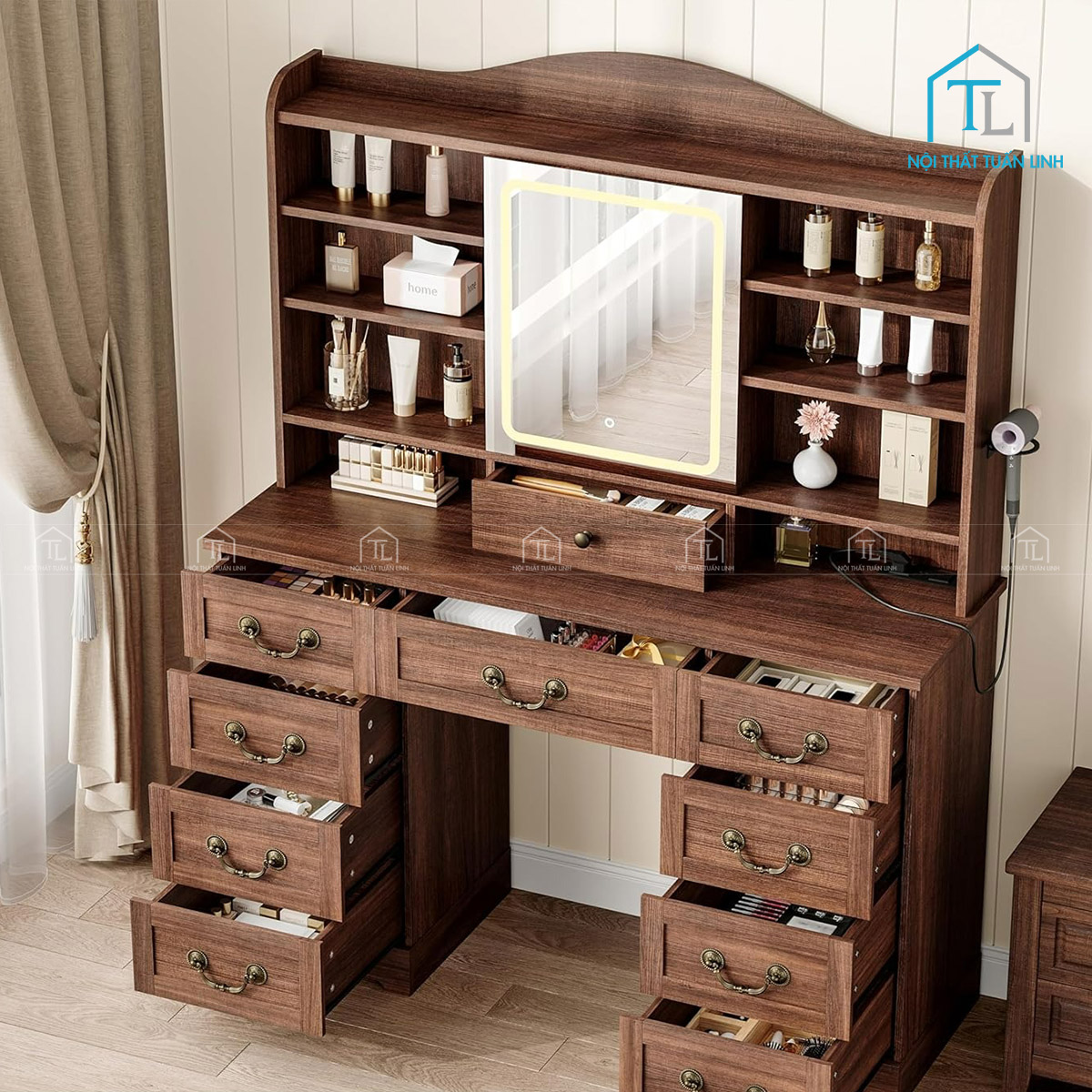 Bàn trang điểm gỗ MDF nhiều ngăn kèm gương LED và ổ cắm điện tiện ích