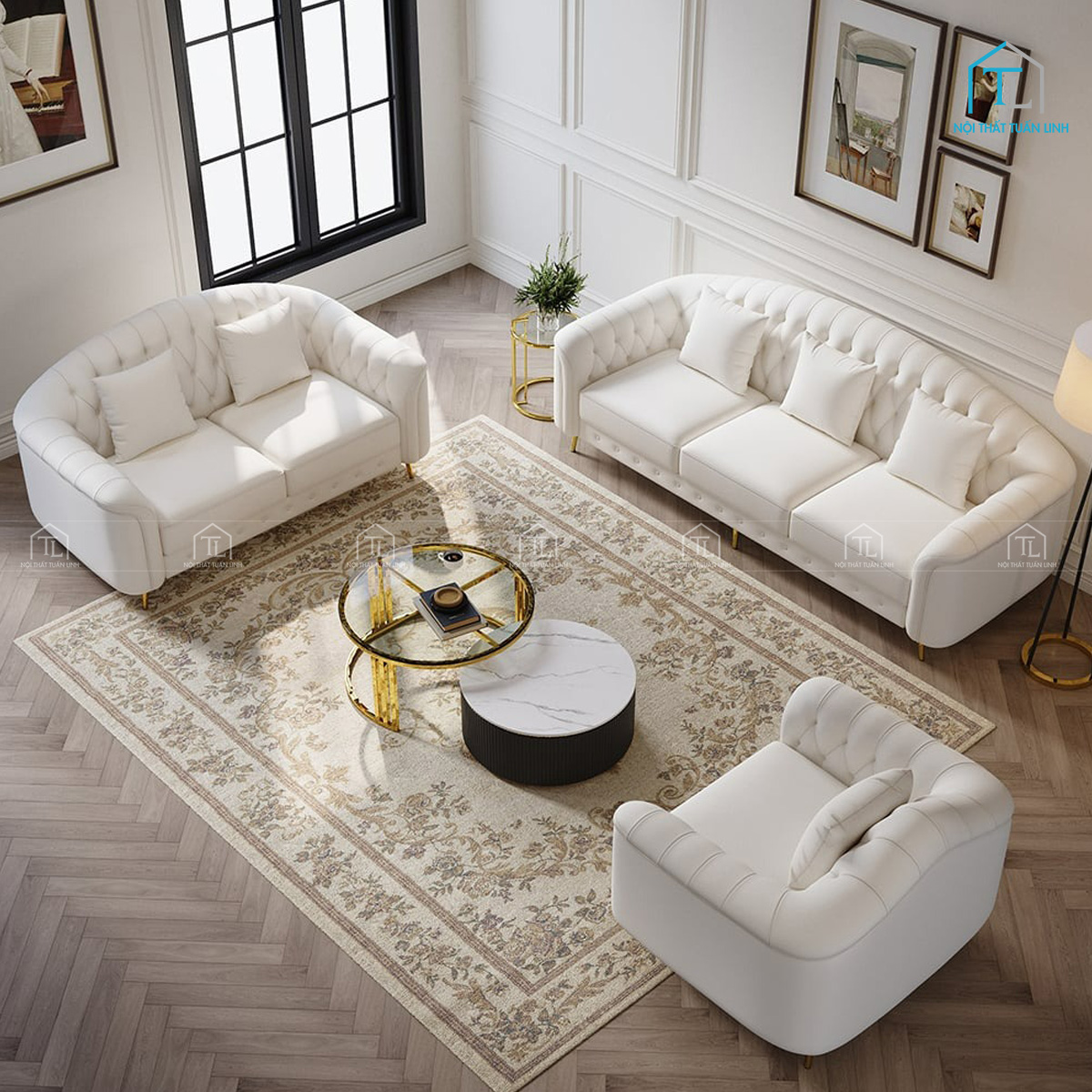 Bộ bàn ghế sofa da màu trắng