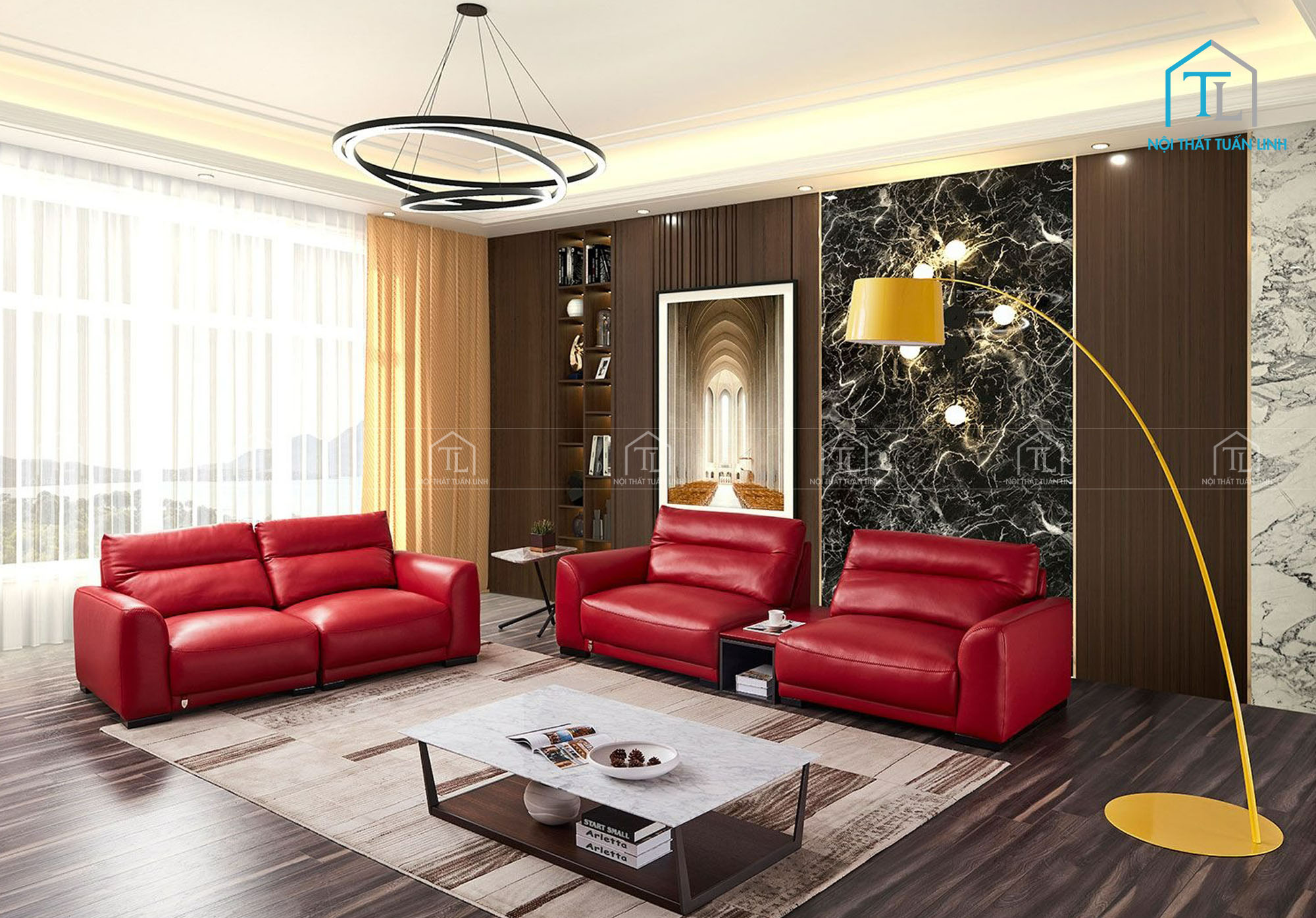 Bộ bàn ghế sofa da hiện đại màu đỏ mềm mịn