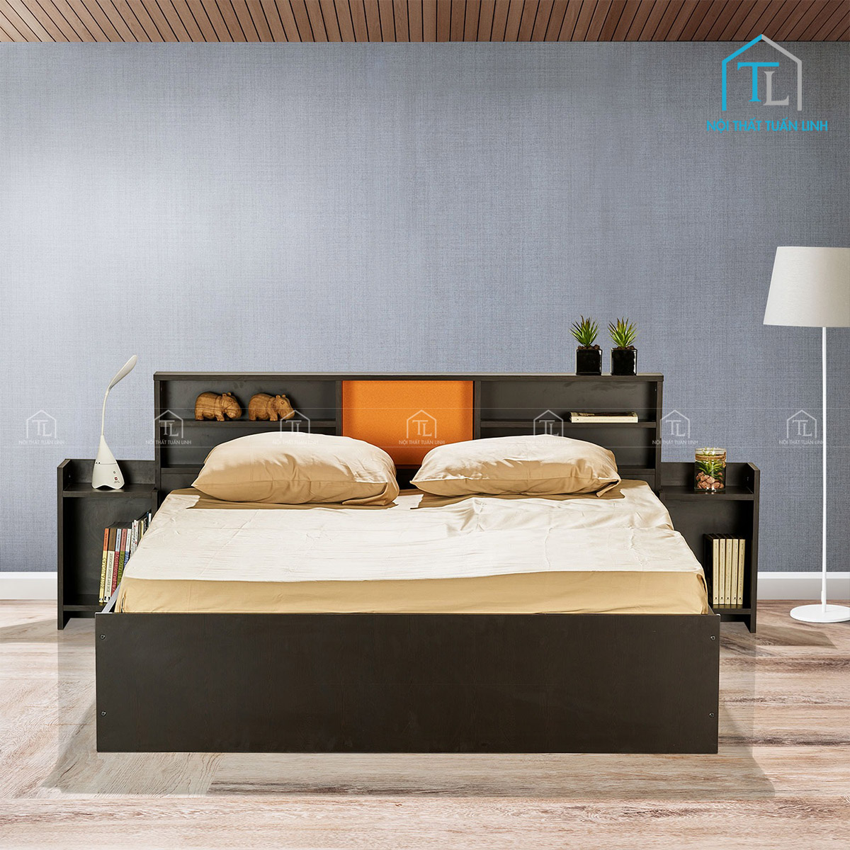 Giường ngủ gỗ công nghiệp hiện đại đầu giường kệ mở tiện nghi