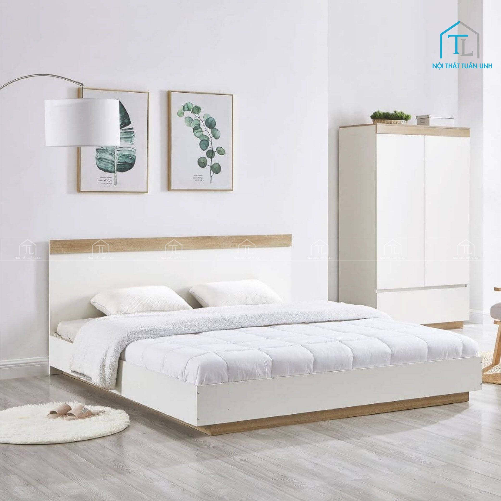 Giường ngủ gỗ công nghiệp màu trắng phong cách đơn giản