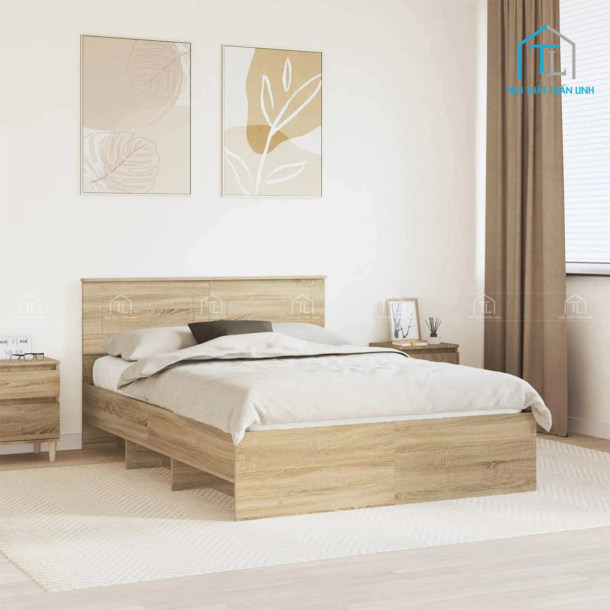 Giường ngủ gỗ công nghiệp vân gỗ sồi thiết kế hiện đại