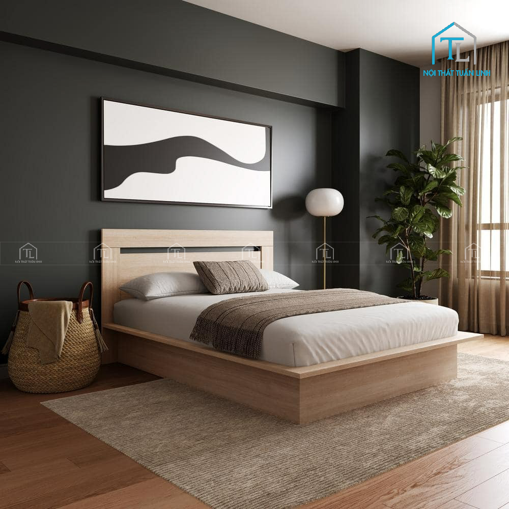 Giường ngủ gỗ sồi phong cách hiện đại màu be