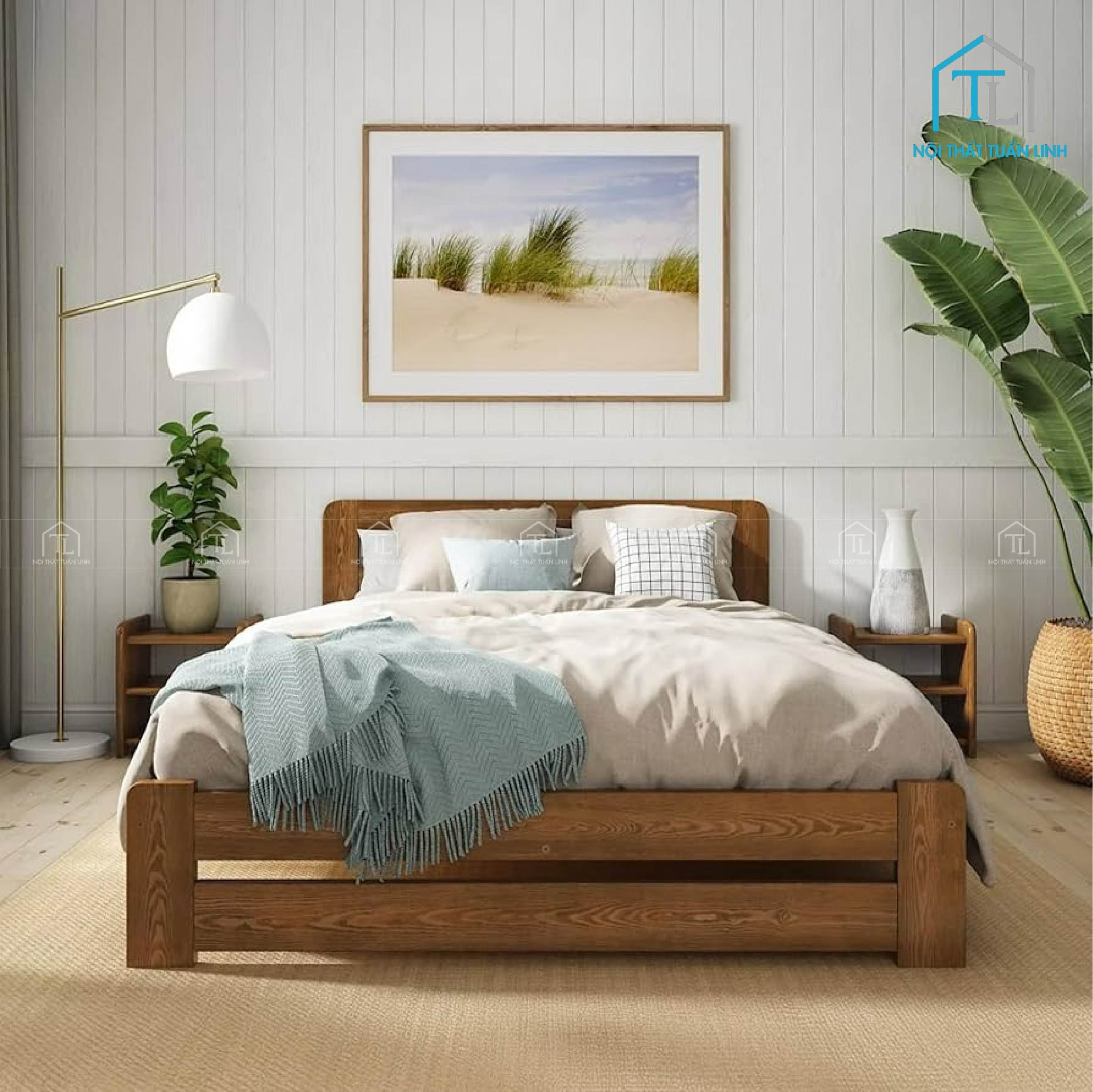 Giường ngủ gỗ thông màu nâu gỗ tự nhiên