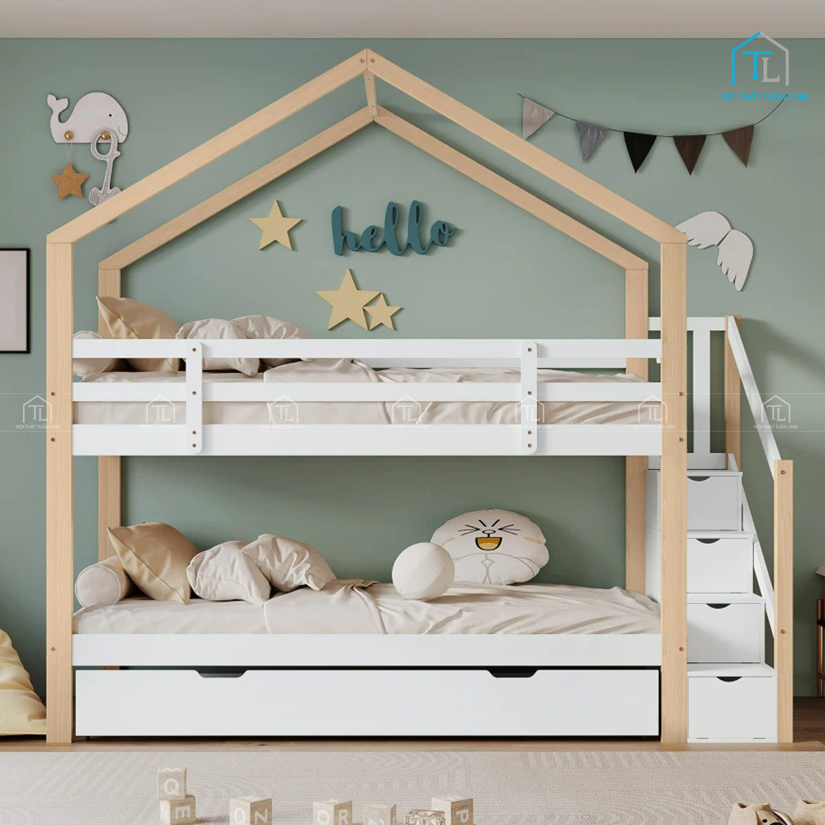 Giường tầng trẻ em dễ thương, thiết kế an toàn và thoải mái cho bé