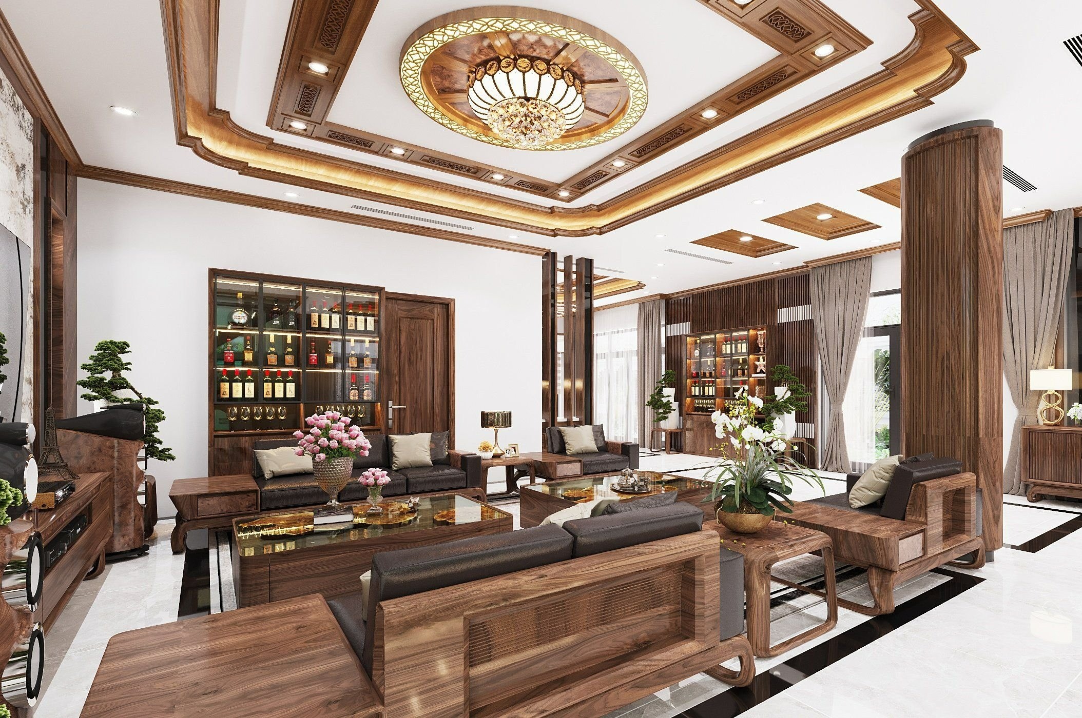 Thiết kế thi công nội thất bằng gỗ cho không gian phòng khách sang trọng