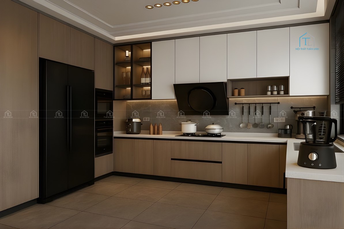 Tủ bếp kịch trần giúp tăng không gian lưu trữ