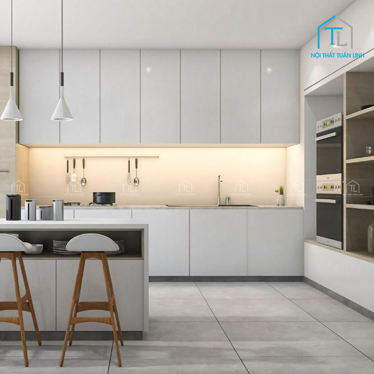 Tủ bếp Acrylic bóng gương cao cấp phong cách hiện đại