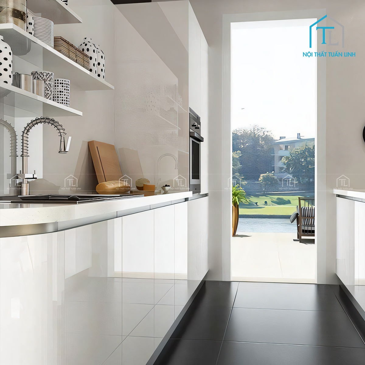 Tủ bếp Acrylic màu trắng bóng gương bo góc hiện đại