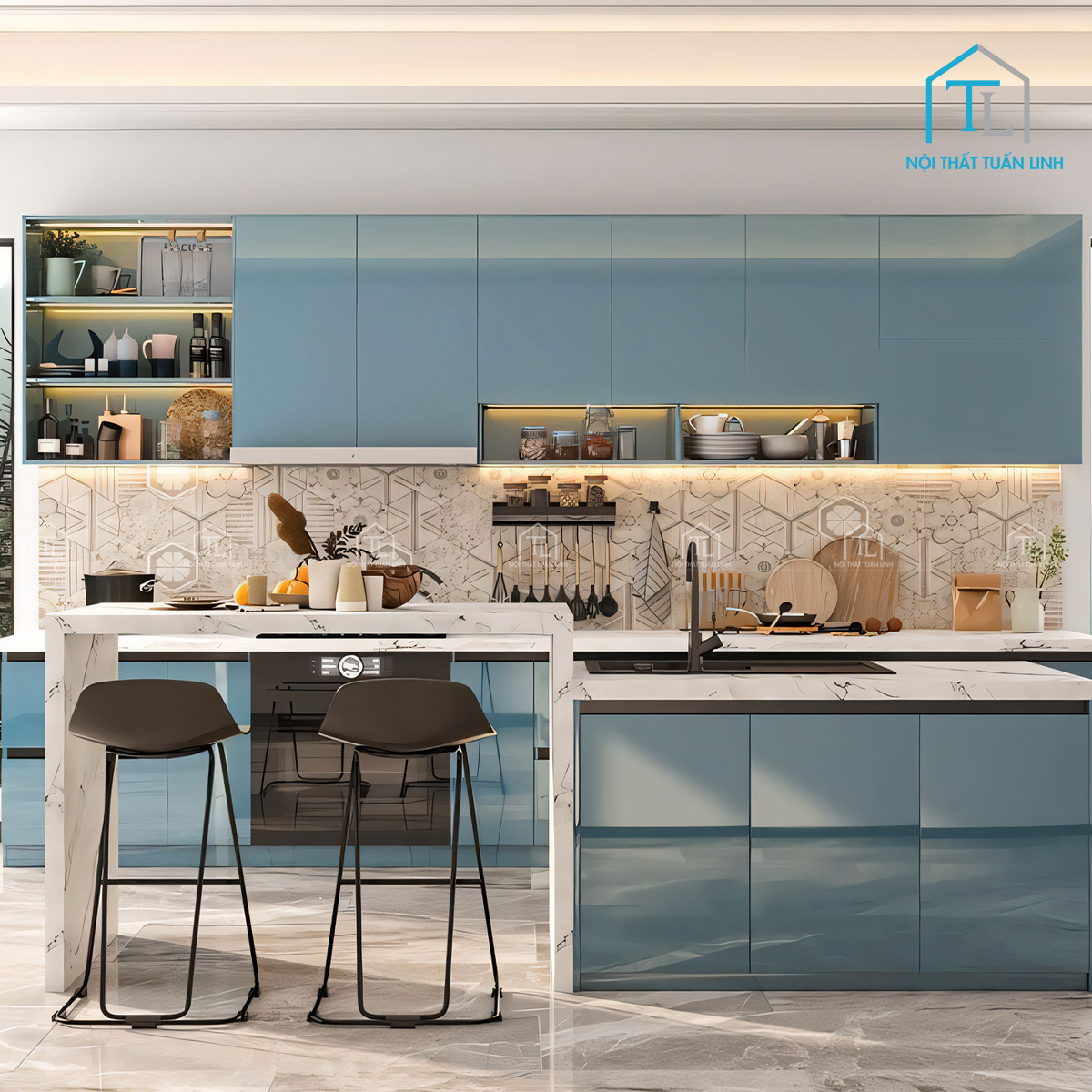 Tủ bếp acrylic xanh khói bóng gương thiết kế hiện đại cao cấp