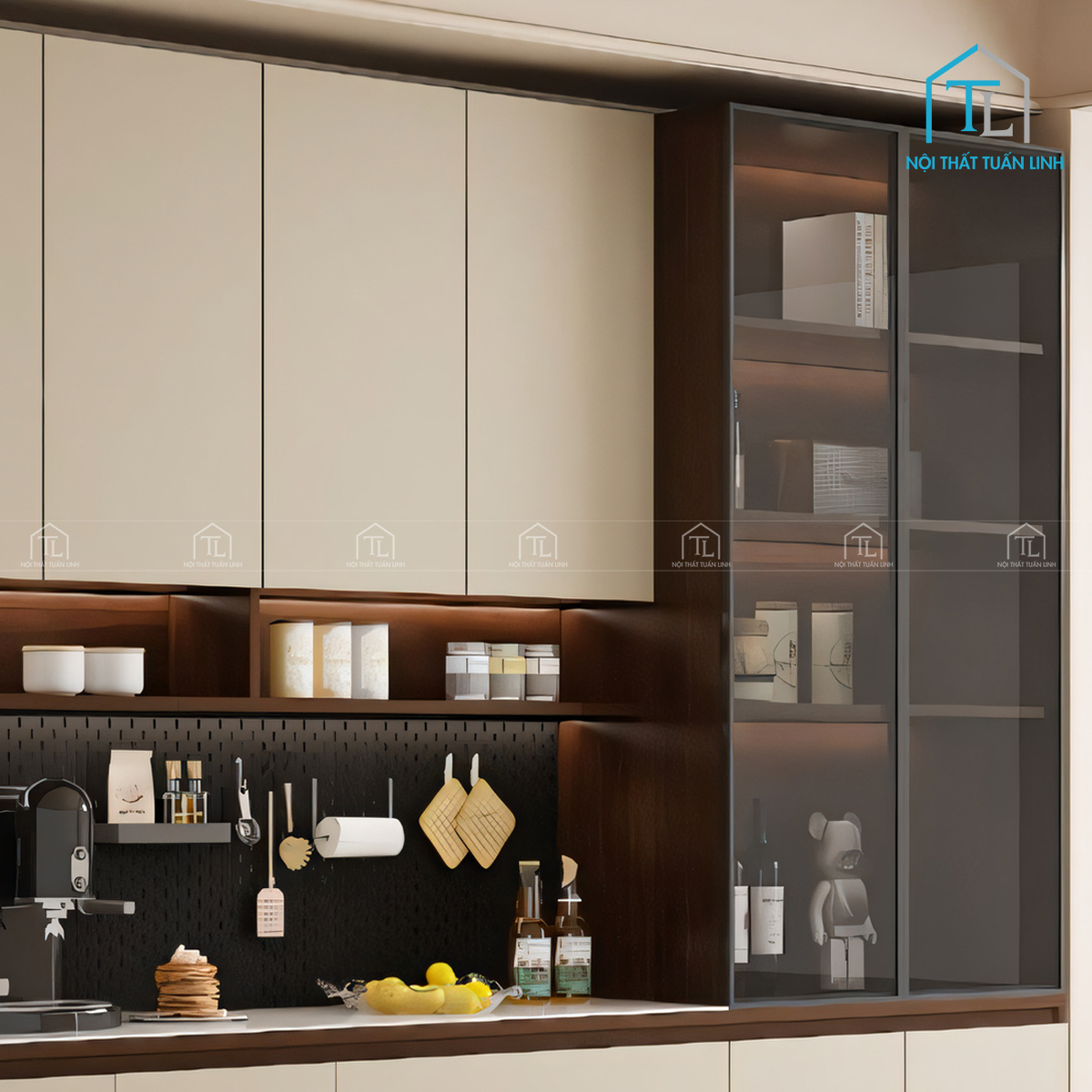 Tủ bếp cánh kính màu nâu khói thiết kế hiện đại