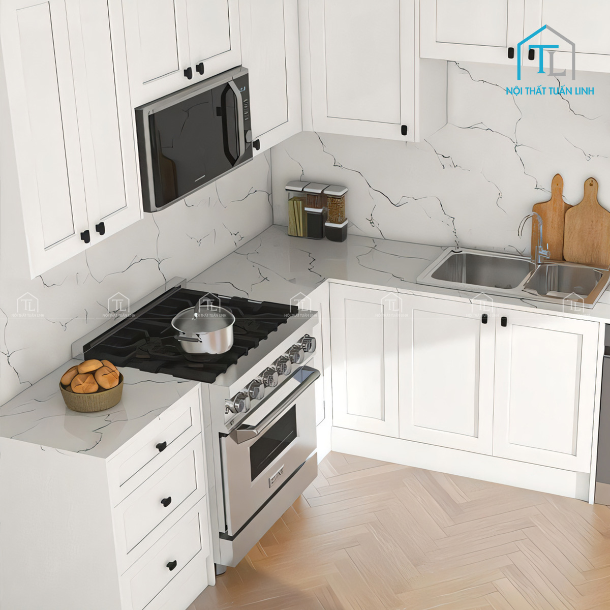 Tủ bếp gỗ công nghiệp cánh trắng hiện đại thiết kế tiện nghi