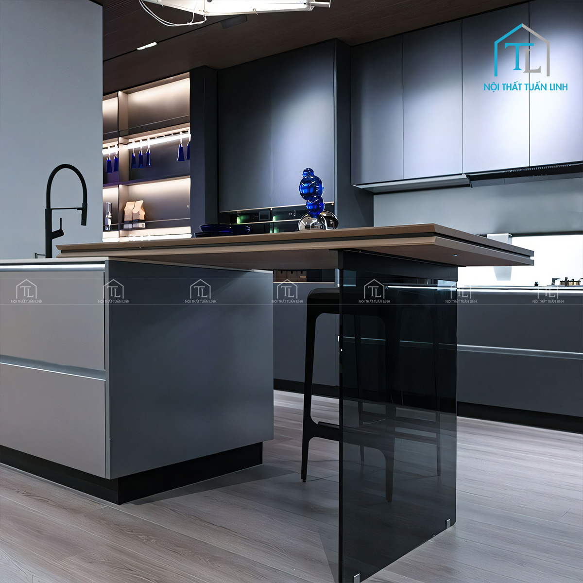 Tủ bếp Acrylic 3 màu kem – xám khói – xanh hiện đại