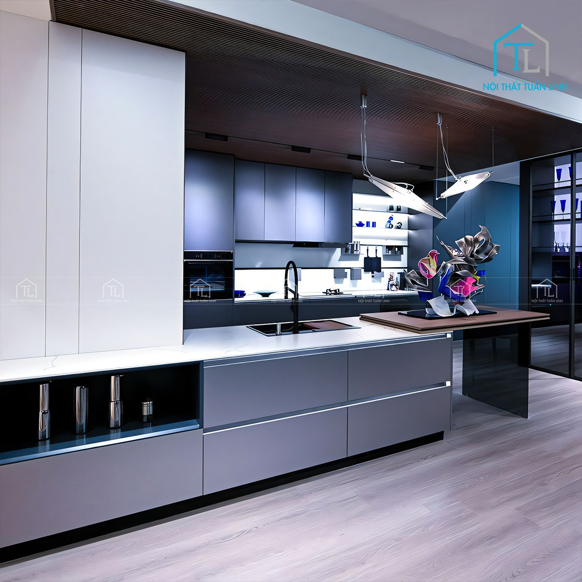 Tủ bếp Acrylic 3 màu kem – xám khói – xanh hiện đại