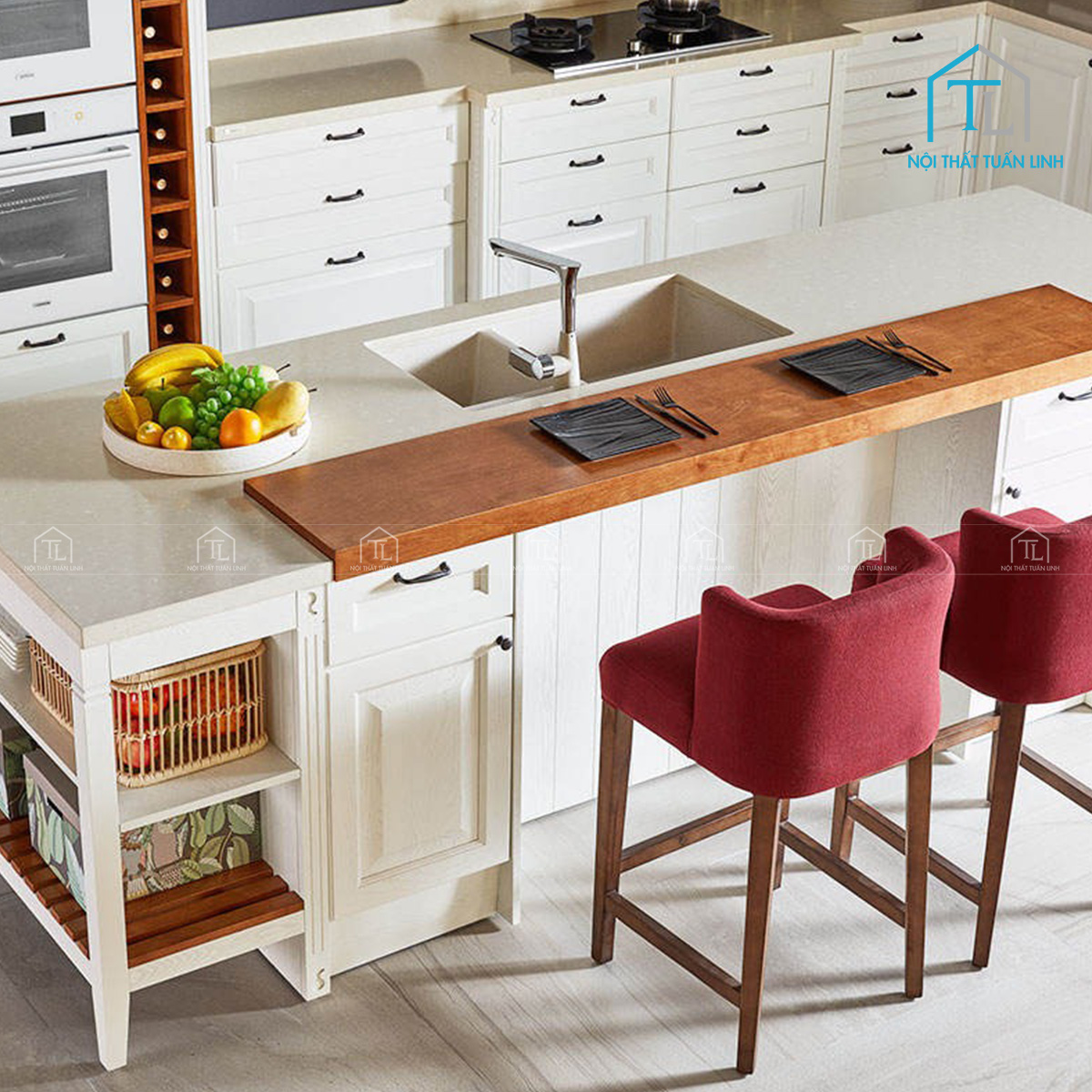 Tủ bếp gỗ công nghiệp phong cách châu Âu màu trắng cao cấp thiết kế sang trọng