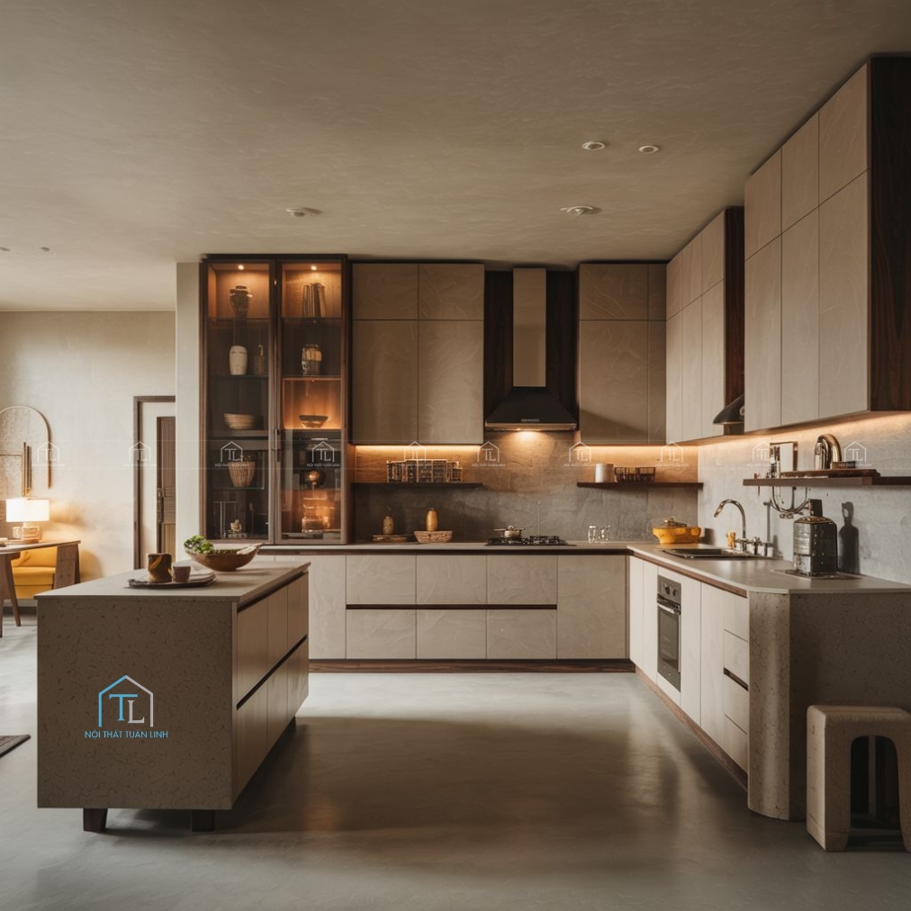 Tủ bếp kịch trần màu gỗ tự nhiên đẹp