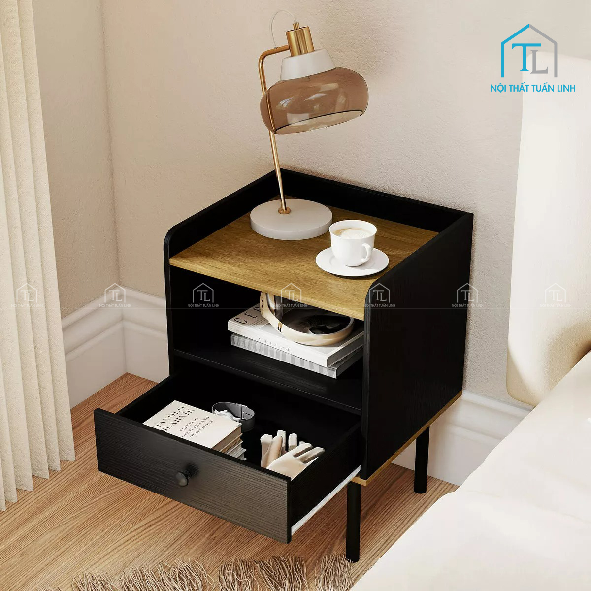 Tủ đầu giường MDF 1 ngăn kéo kệ mở hiện đại