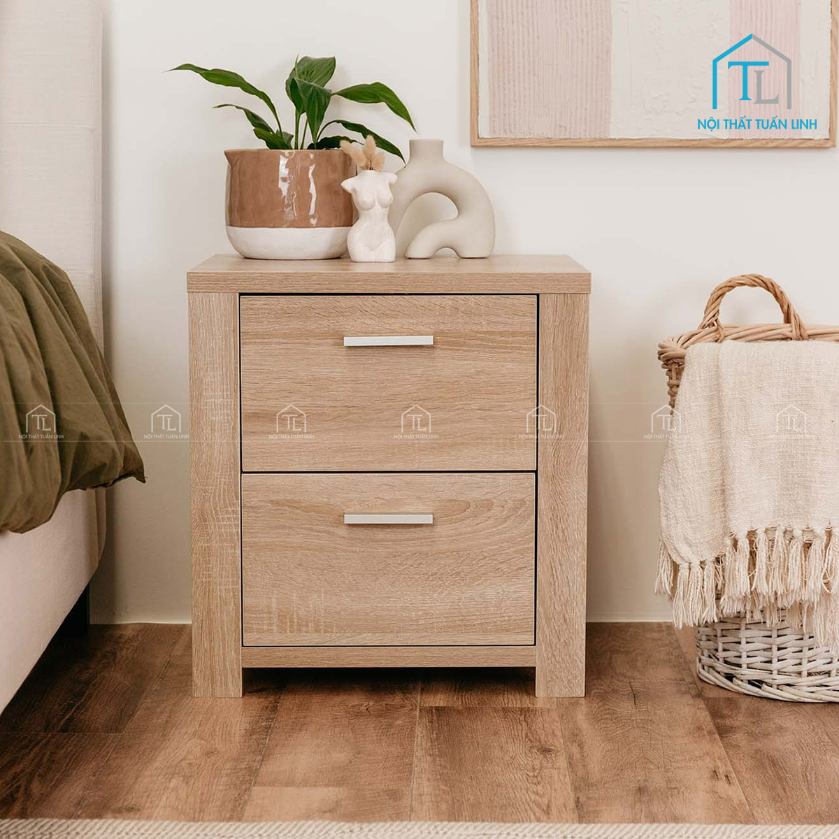 Tủ đầu giường MDF 2 ngăn kéo tay nắm kim loại phong cách hiện đại