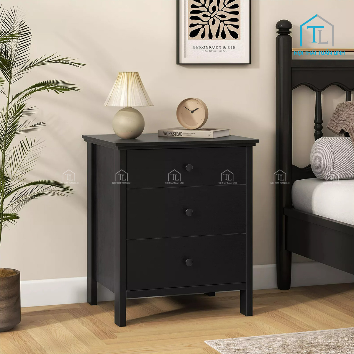 Tủ đầu giường MDF 3 ngăn kéo màu đen thiết kế hiện đại