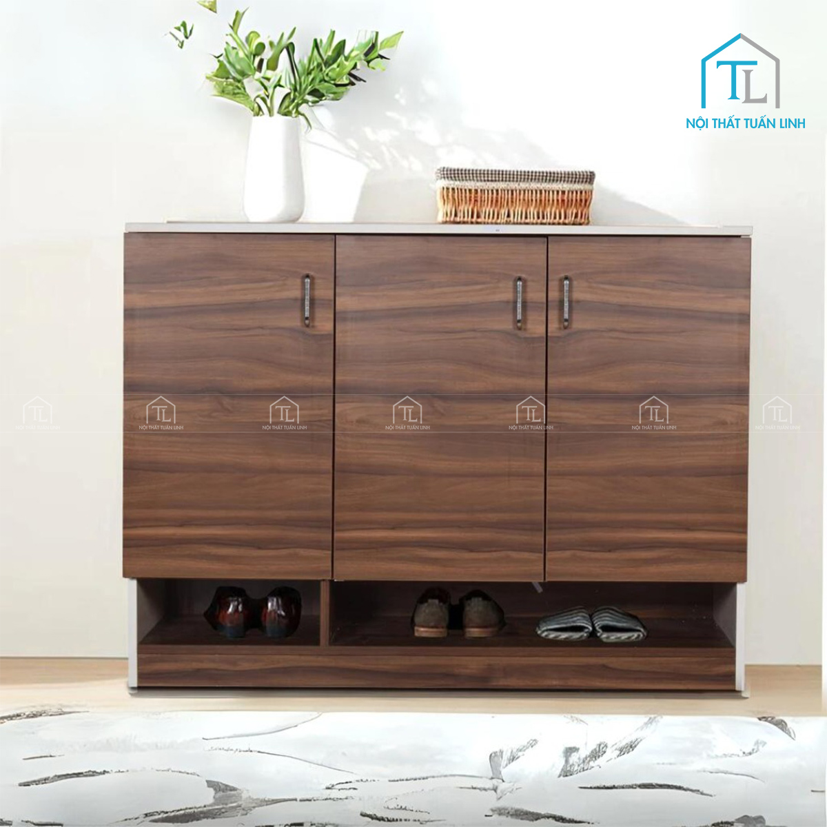 Tủ giày dép gỗ công nghiệp màu óc chó thiết kế hiện đại