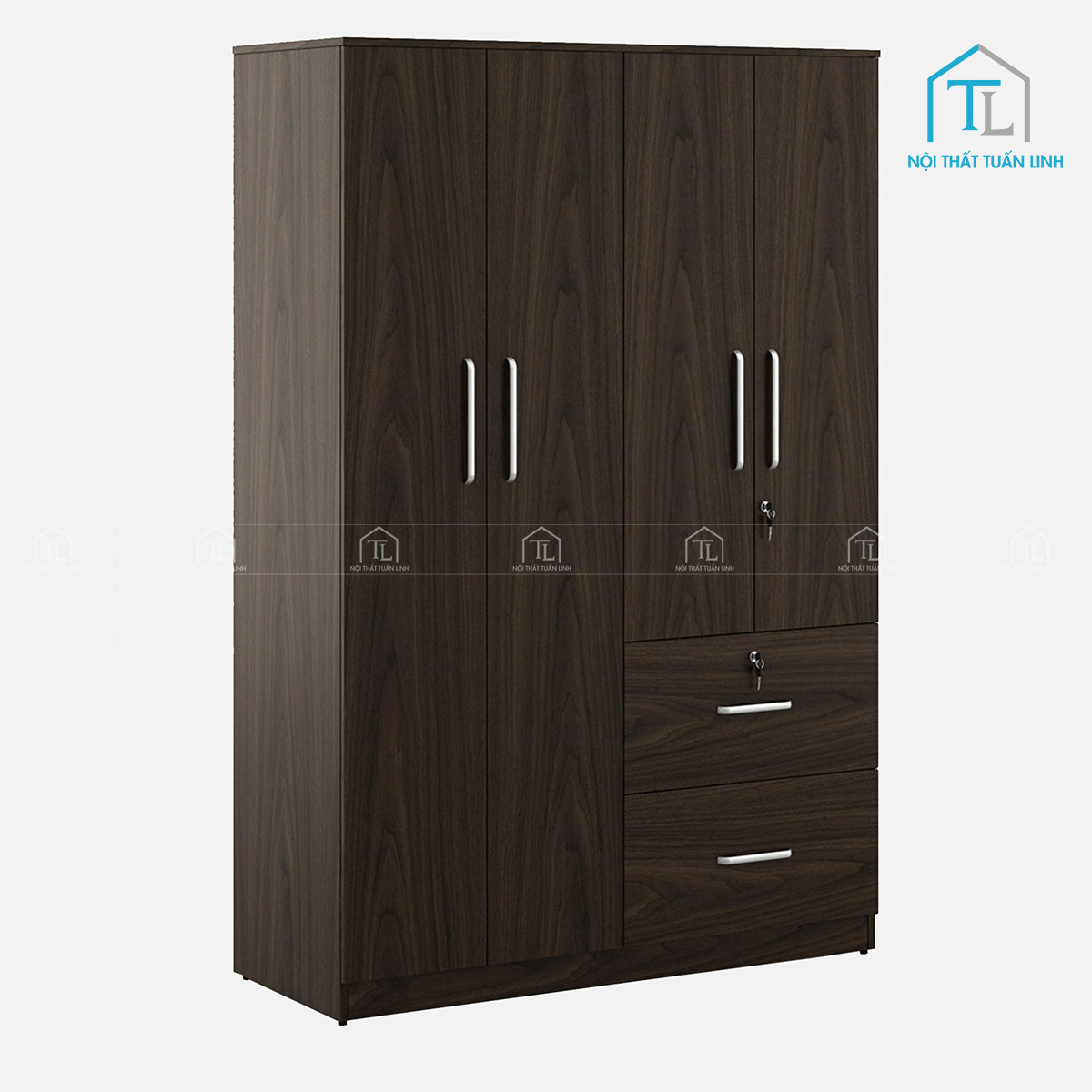 Tủ quần áo 2 cánh gỗ công nghiệp màu óc chó hiện đại có ngăn kéo