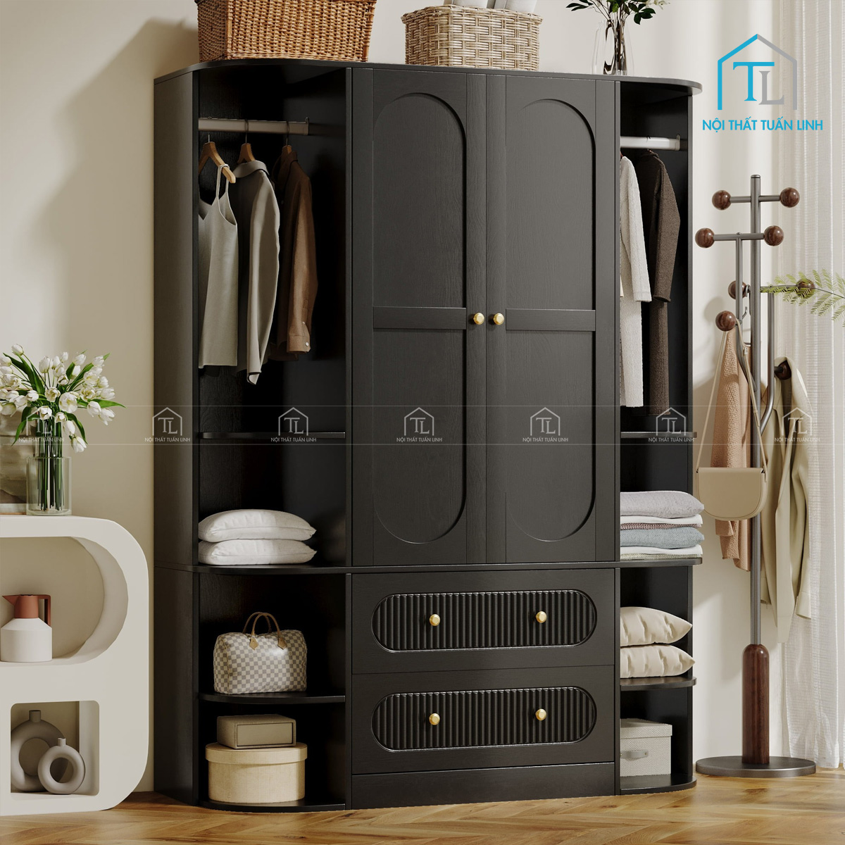 Tủ quần áo 2 cánh gỗ MDF phủ melamine màu đen thiết kế sọc đứng hiện đại