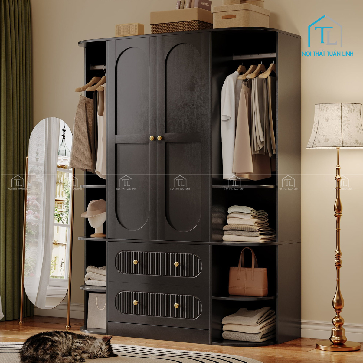 Tủ quần áo 2 cánh gỗ MDF phủ melamine màu đen thiết kế sọc đứng hiện đại
