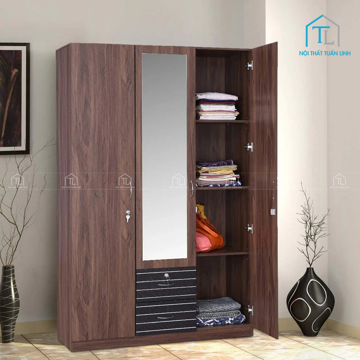 Tủ quần áo 3 cánh gỗ công nghiệp có gương thiết kế màu nâu vân gỗ