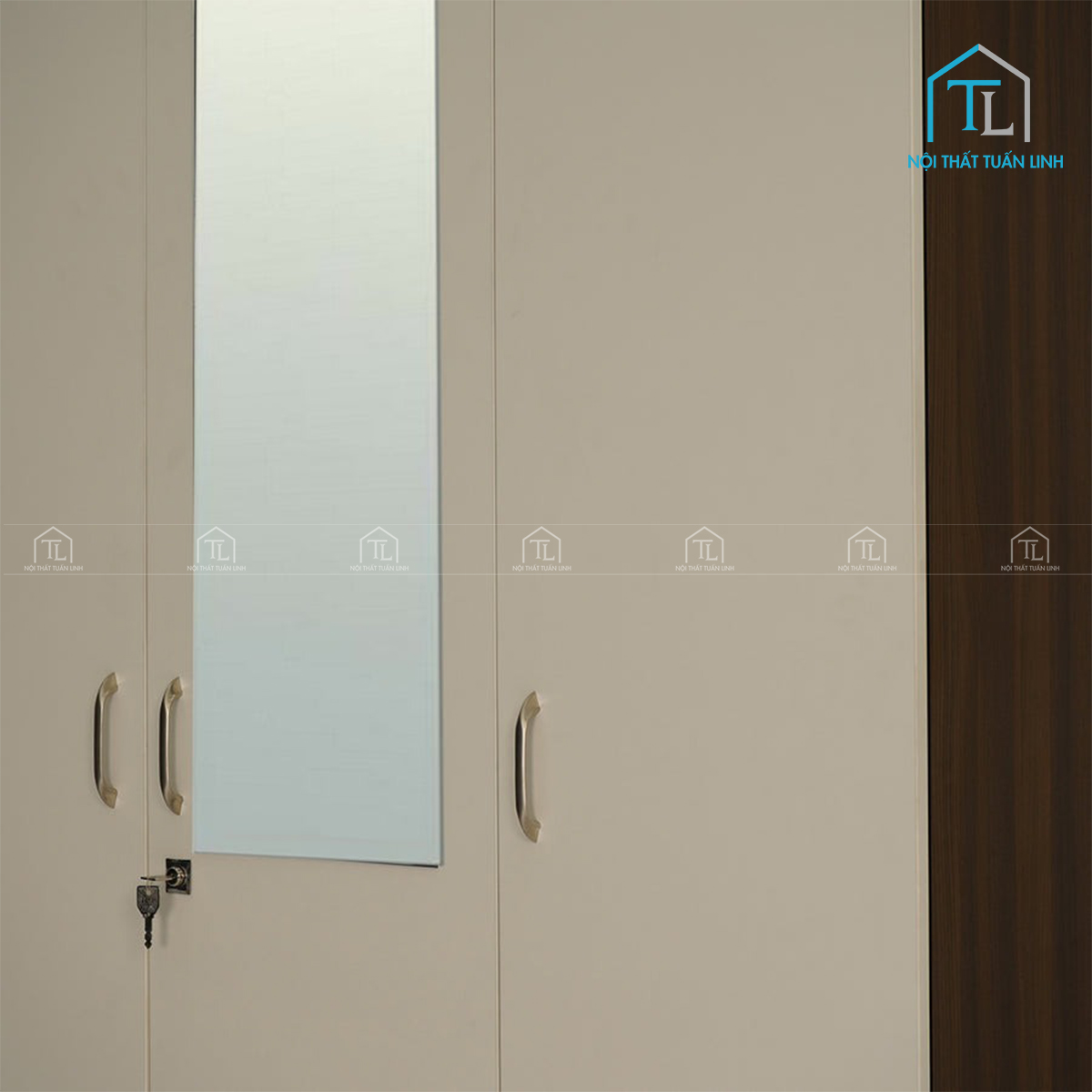 Tủ quần áo 3 cánh gỗ công nghiệp màu walnut phối trắng tích hợp gương hiện đại