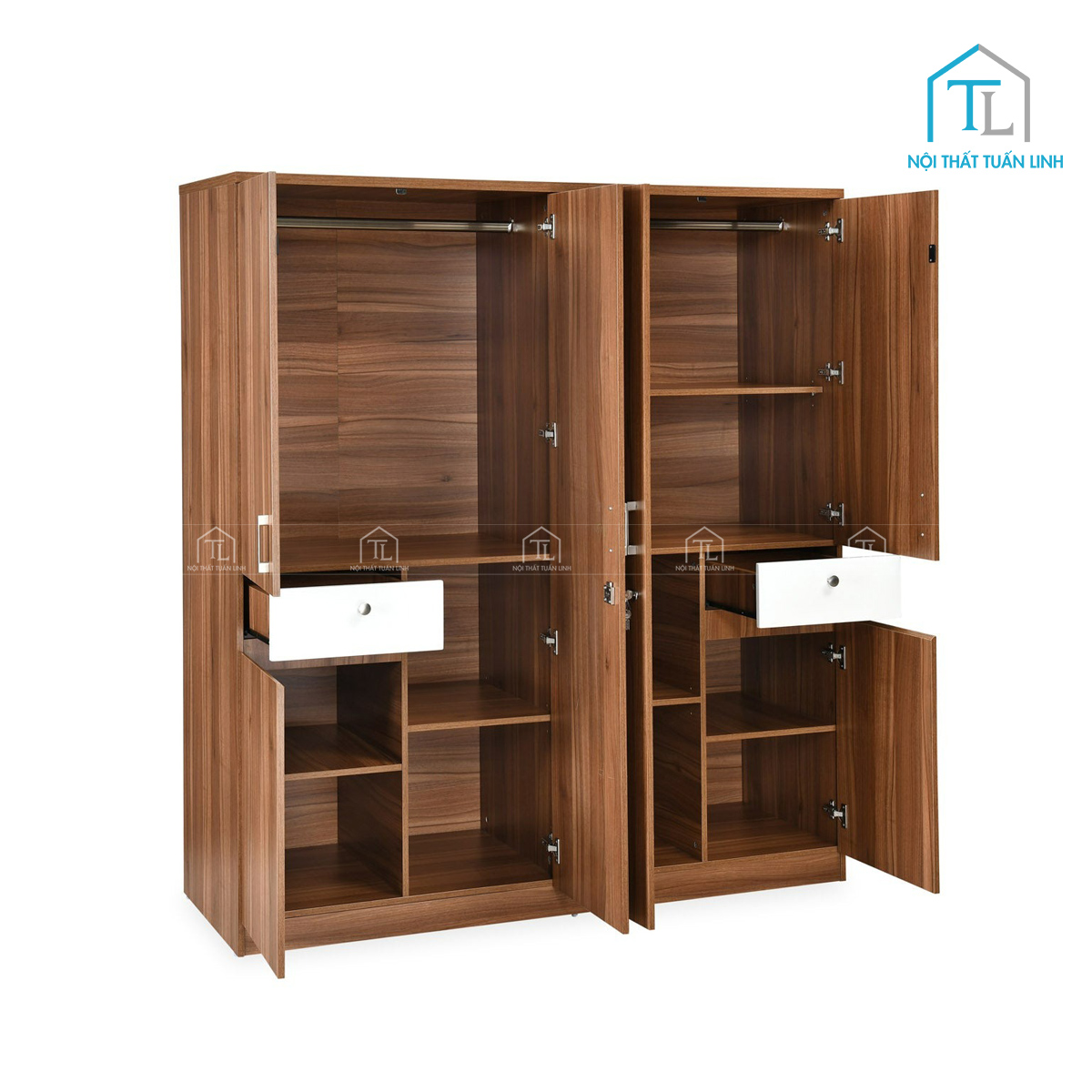 Tủ quần áo 4 cánh gỗ MDF có gương màu walnut, thiết kế hiện đại