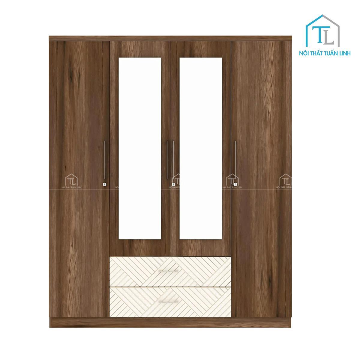 Tủ quần áo 4 cánh gỗ công nghiệp có gương màu nâu vân gỗ