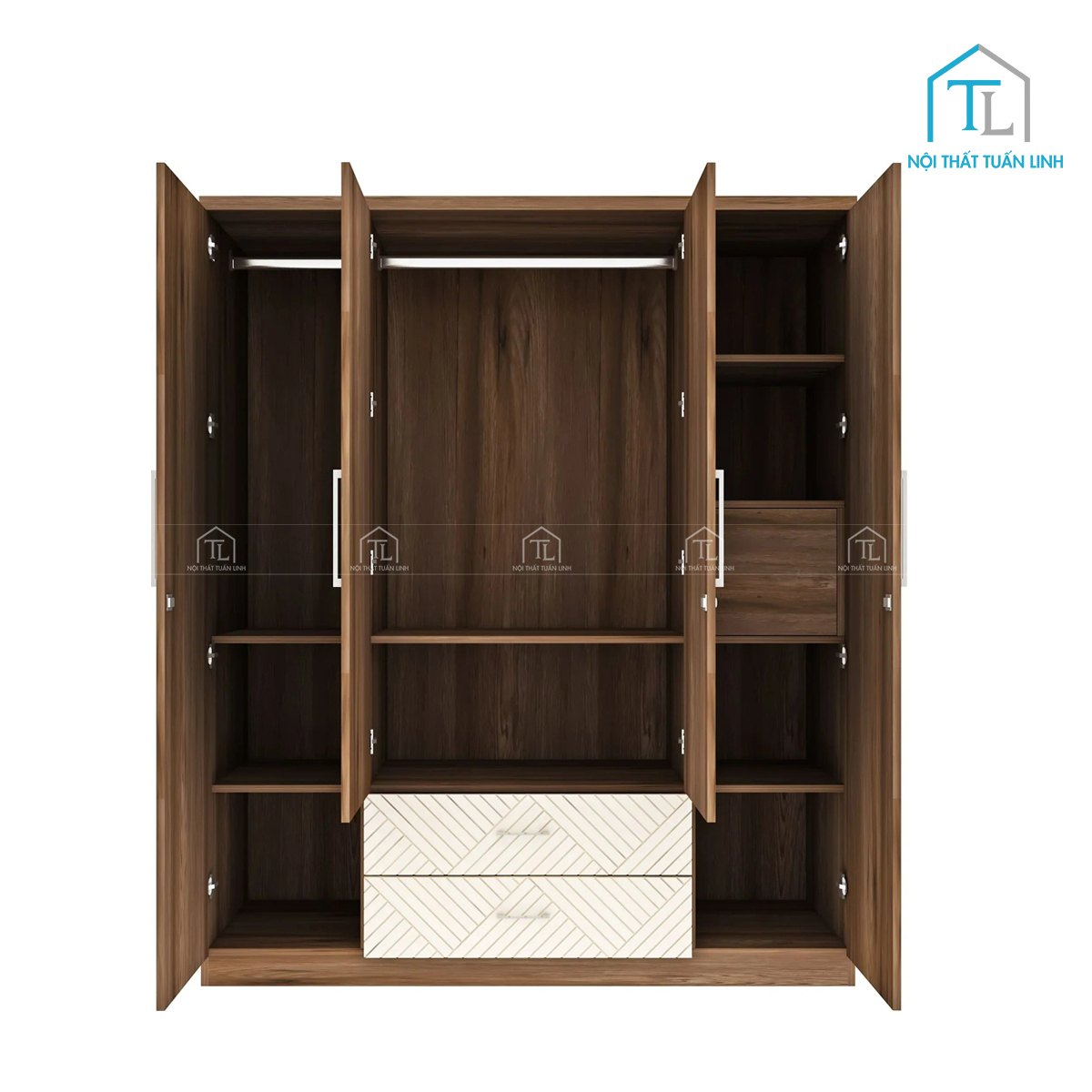Tủ quần áo 4 cánh gỗ công nghiệp có gương màu nâu vân gỗ