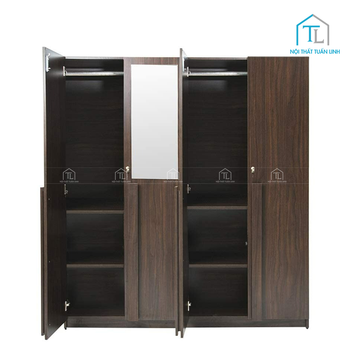 Tủ quần áo 4 cánh gỗ công nghiệp màu óc chó kèm gương soi tiện nghi