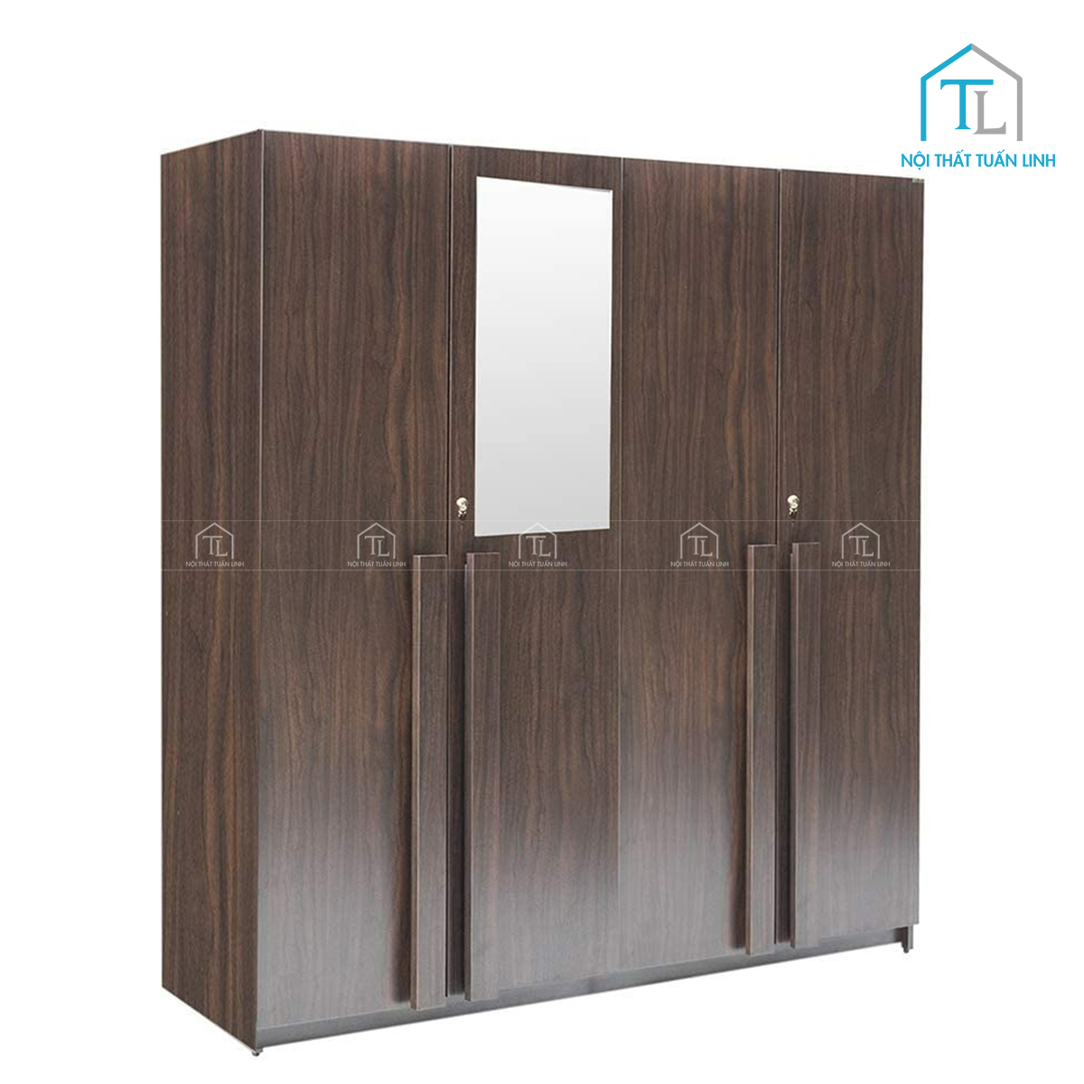 Tủ quần áo 4 cánh gỗ công nghiệp màu óc chó kèm gương soi tiện nghi