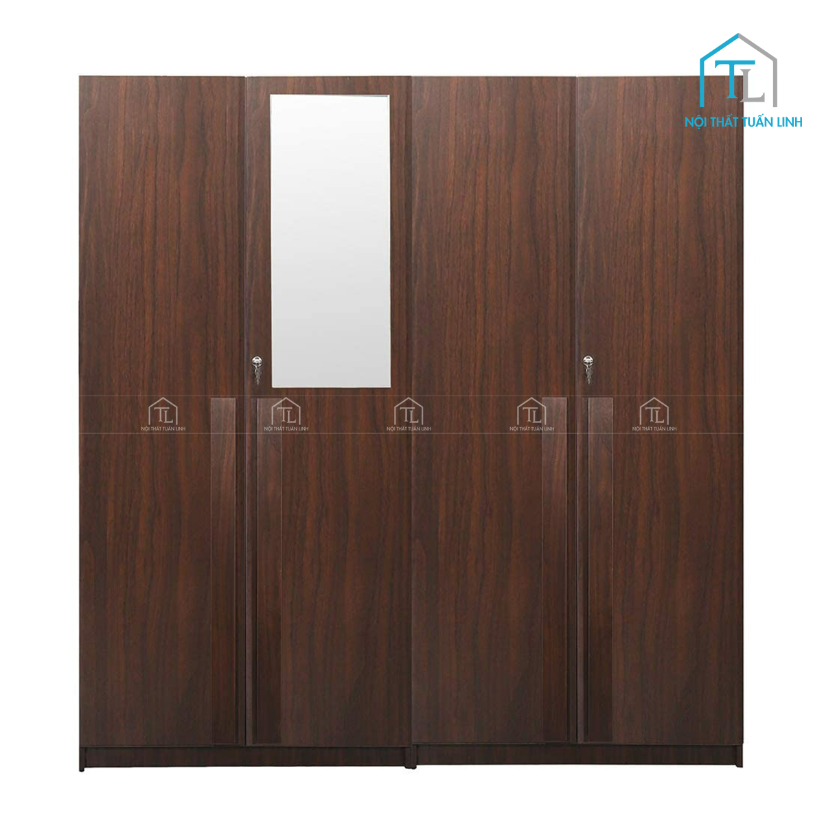 Tủ quần áo 4 cánh gỗ công nghiệp màu óc chó kèm gương soi tiện nghi
