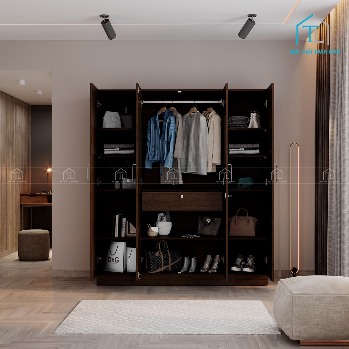 Tủ quần áo 4 cánh gỗ công nghiệp màu wenge có gương và ngăn kéo tiện lợi