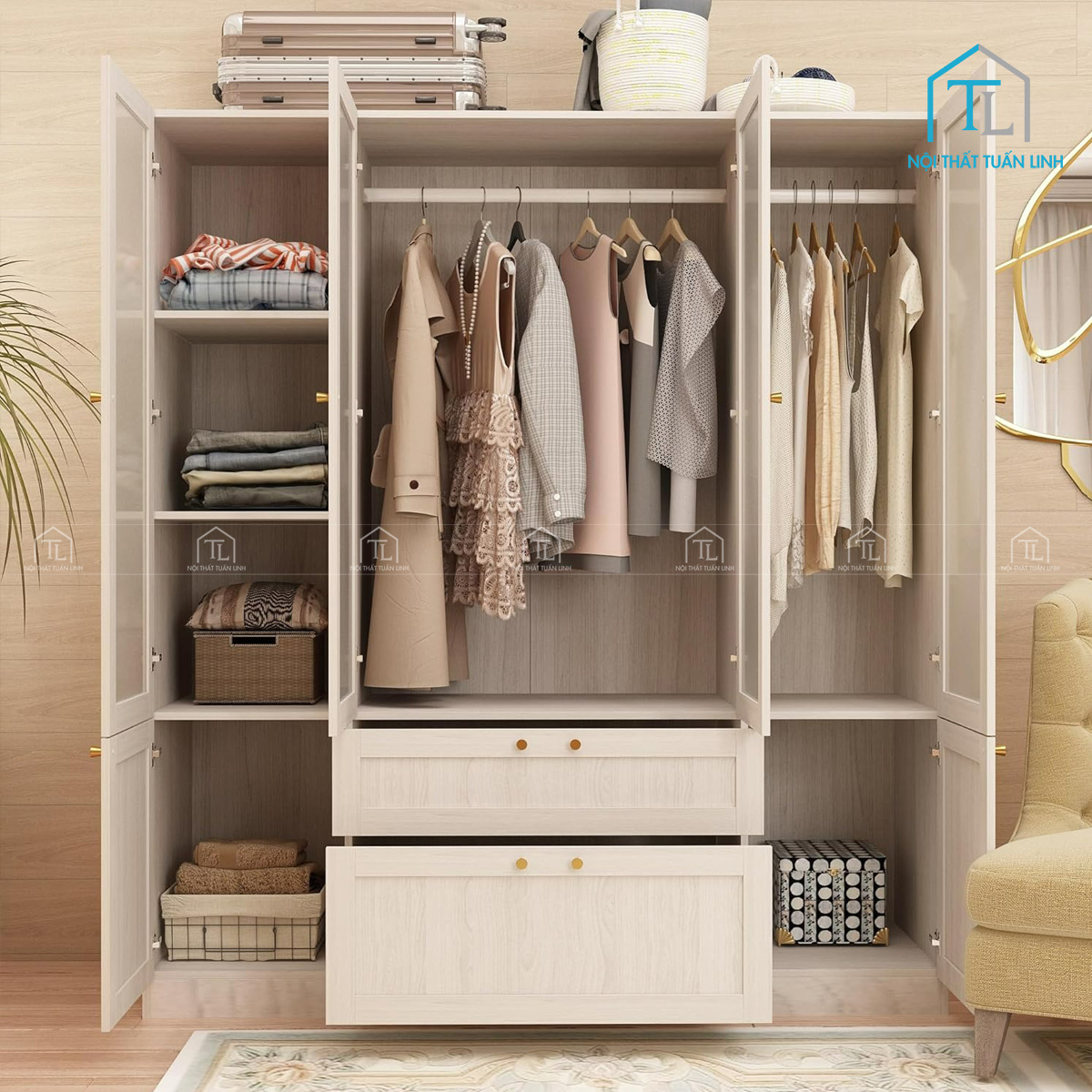 Tủ quần áo 4 cánh gỗ MDF cửa kính mờ thiết kế hiện đại, có ngăn kéo tiện lợi