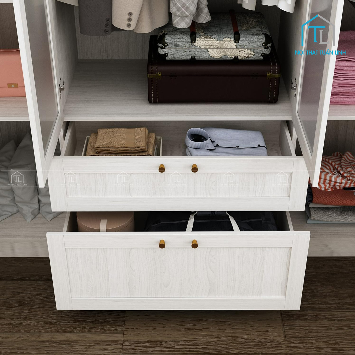 Tủ quần áo 4 cánh gỗ MDF cửa kính mờ thiết kế hiện đại, có ngăn kéo tiện lợi