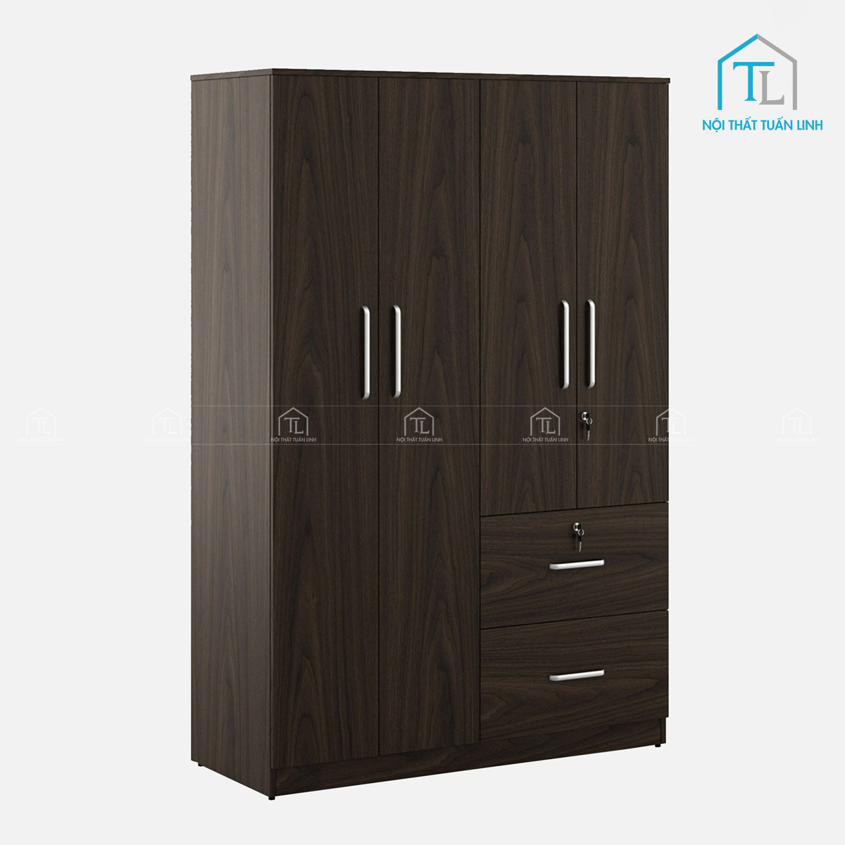 Tủ quần áo 4 cánh gỗ MDF màu óc chó có ngăn kéo