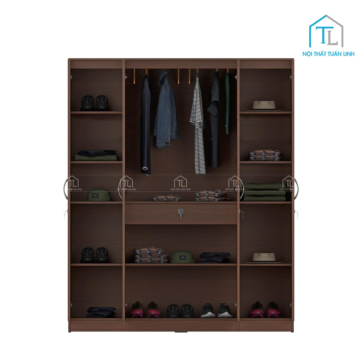 Tủ quần áo 4 cánh gỗ MDF phủ melamine màu nâu walnut