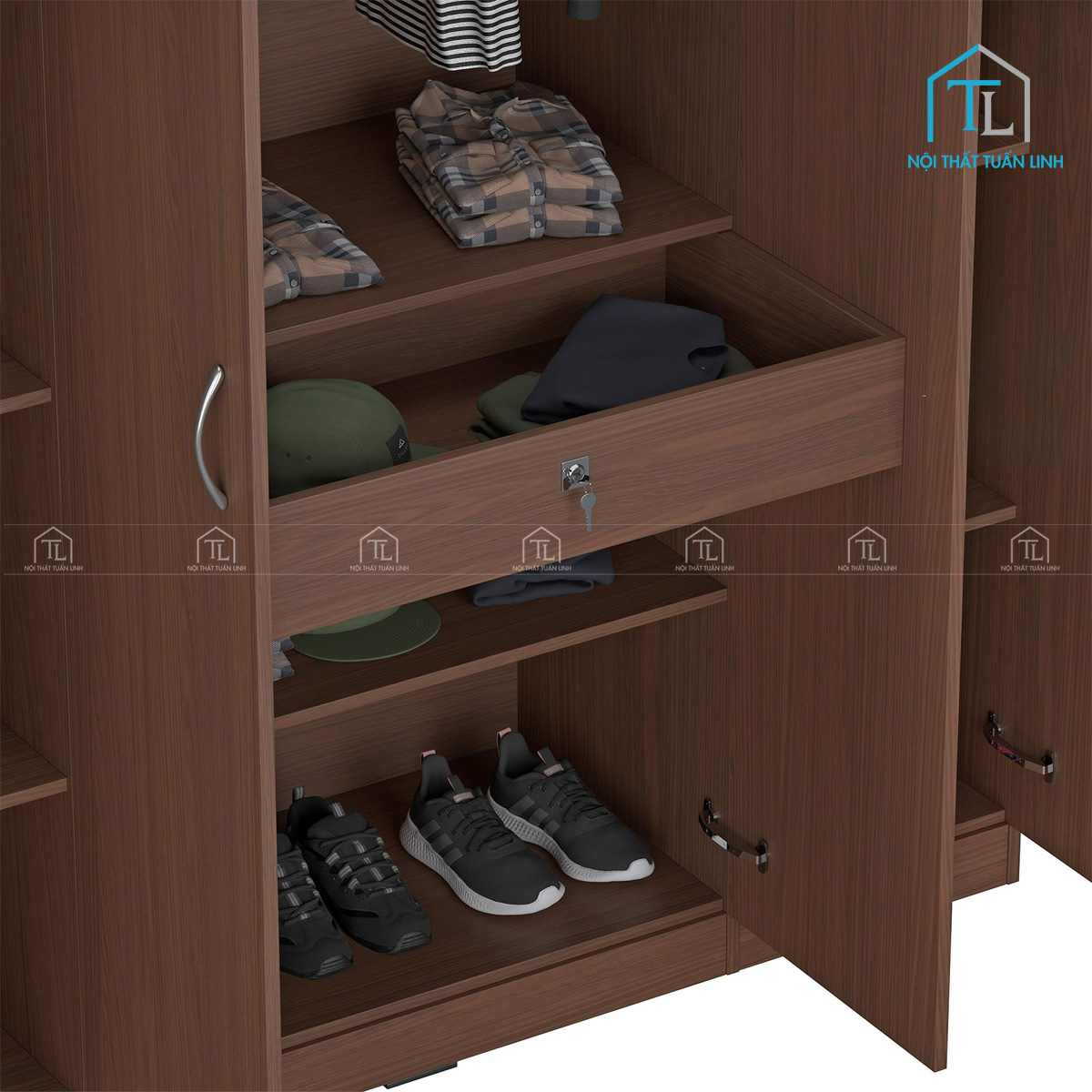 Tủ quần áo 4 cánh gỗ MDF phủ melamine màu nâu walnut