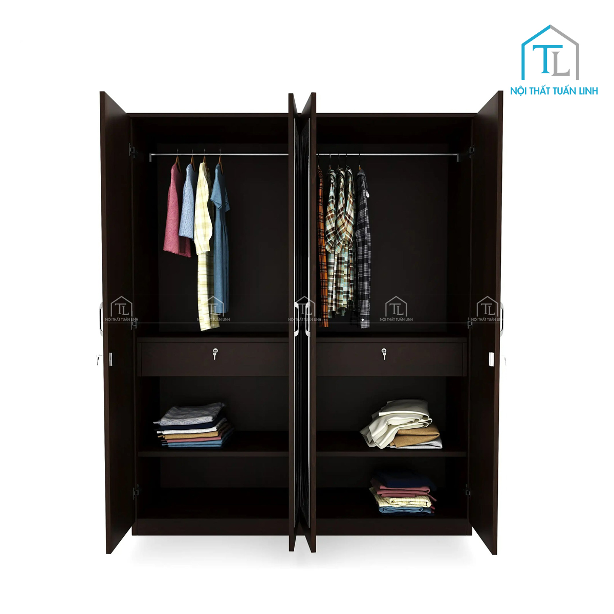Tủ quần áo 4 cánh gỗ MDF phủ melamine màu wenge có gương soi