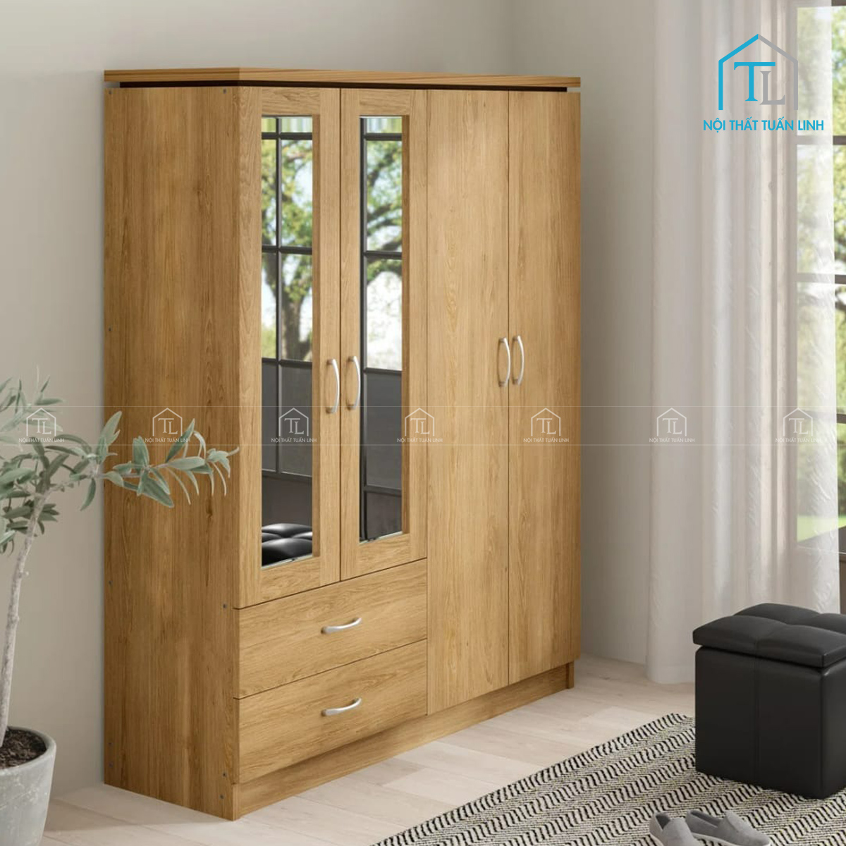 Tủ quần áo 4 cánhgỗ MDF phủ melamine màu nâu gỗ tự nhiên, kết hợp gương soi