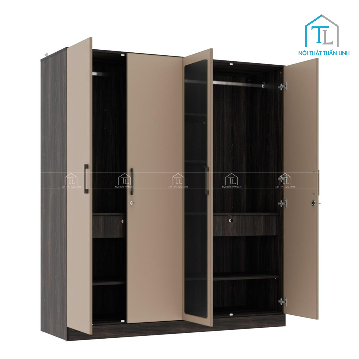 Tủ quần áo 4 cánh gỗ MDF phủ melamine, có gường soi, thiết kế hiện đại