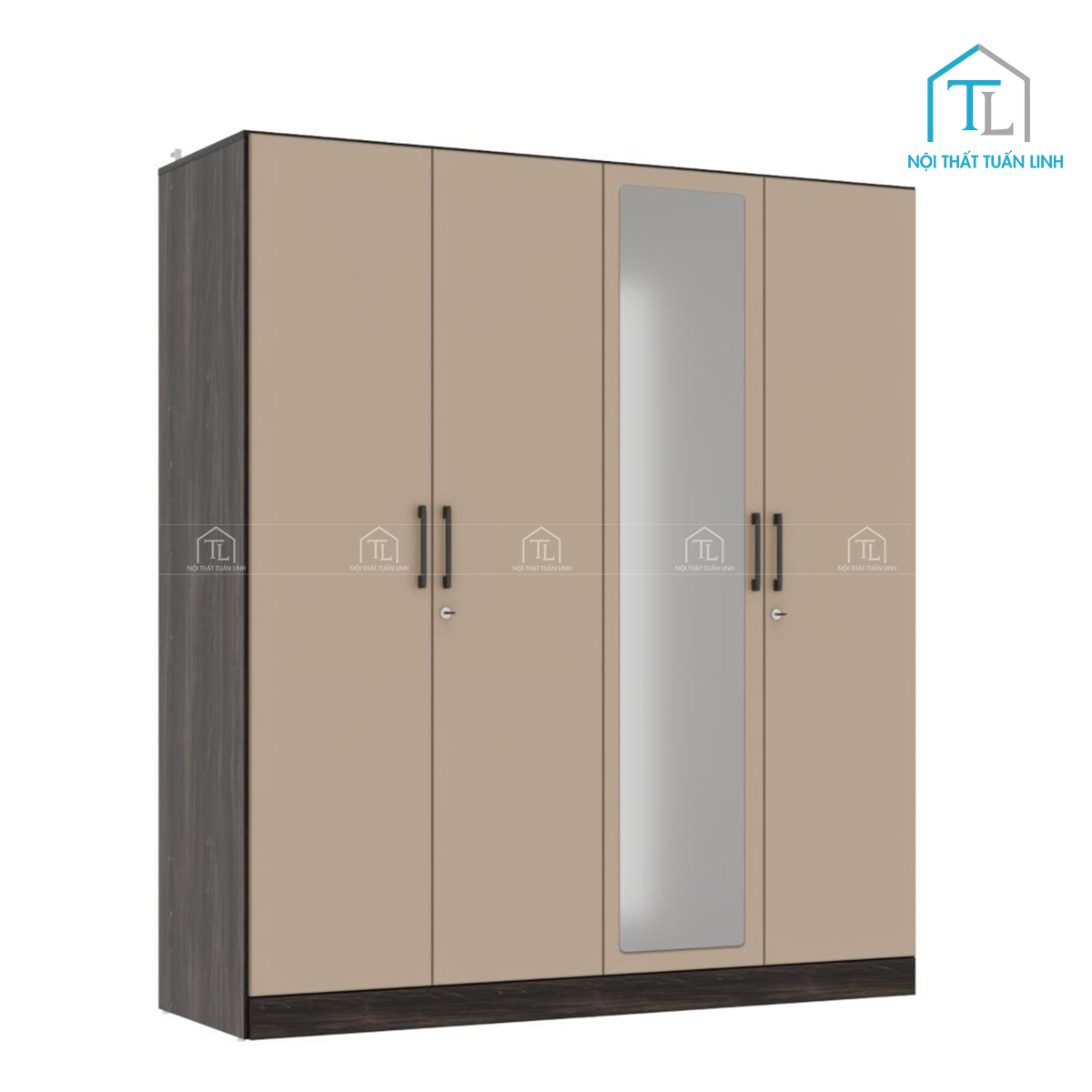 Tủ quần áo 4 cánh gỗ MDF phủ melamine, có gường soi, thiết kế hiện đại