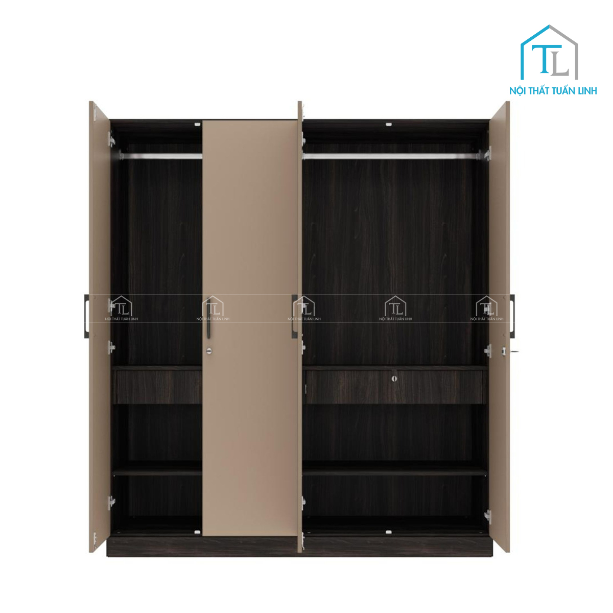 Tủ quần áo 4 cánh gỗ MDF phủ melamine, có gường soi, thiết kế hiện đại