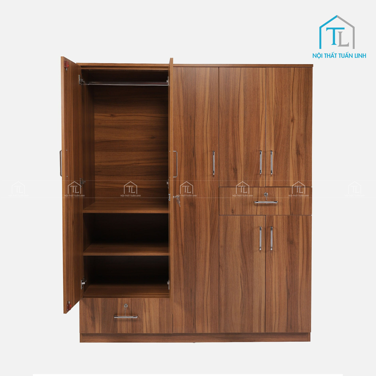 Tủ quần áo 5 cánh gỗ MDF vânn gỗ óc chó hiện đại